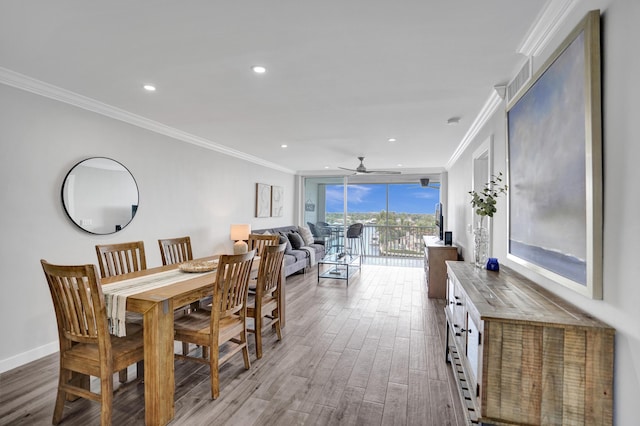 3100 S Ocean Blvd Unit 620, Highland Beach, FL 33487 - dining room with crown molding, wood finished floors, ceiling fan, recessed lighting, and baseboards