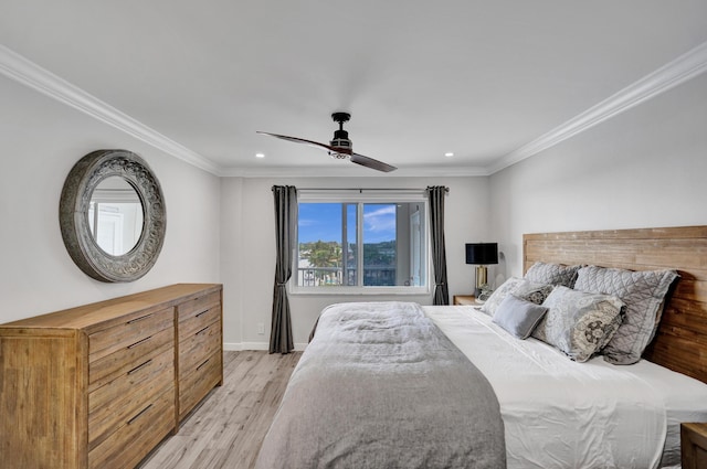 3100 S Ocean Blvd Unit 620, Highland Beach, FL 33487 - bedroom featuring recessed lighting, light wood-type flooring, ornamental molding, baseboards, and ceiling fan