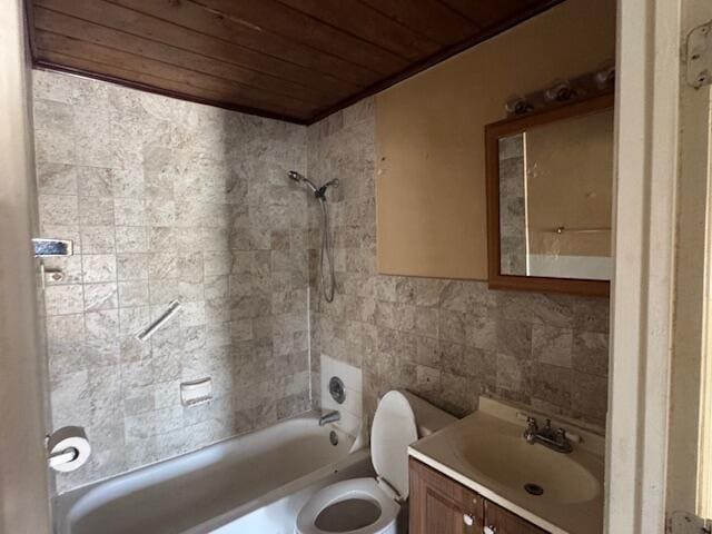 full bathroom featuring wooden ceiling, tile walls, shower / bath combination, toilet, and vanity
