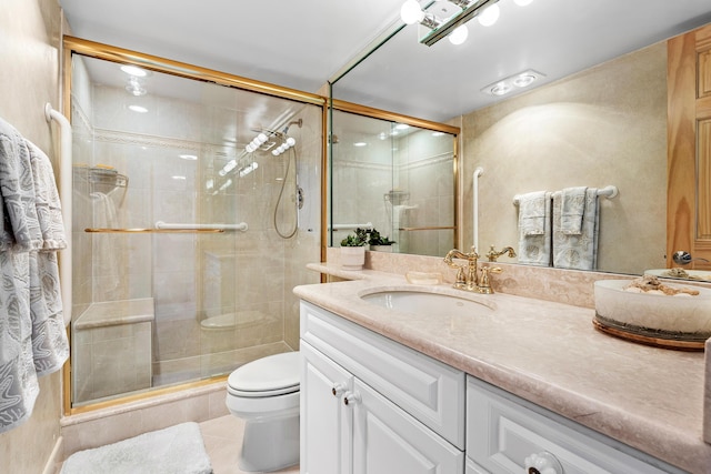 1180 S Ocean Blvd Unit 7B, Boca Raton, FL 33432 - bathroom with vanity, toilet, tile patterned floors, and a stall shower