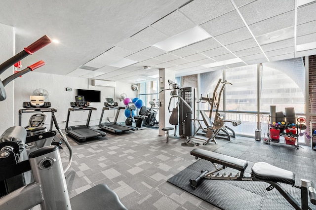 1180 S Ocean Blvd Unit 7B, Boca Raton, FL 33432 - gym with carpet, a wall unit AC, and expansive windows