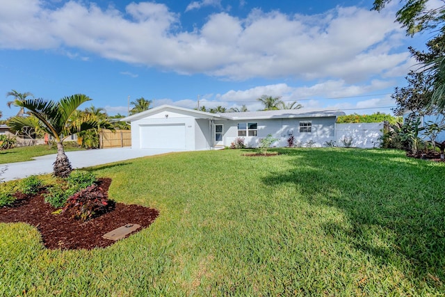 ranch-style house with stucco siding, concrete driveway, and an attached garage
