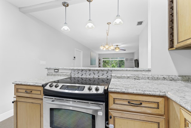 1920 Palmland Dr Unit C, Boynton Beach, FL 33436 - kitchen featuring electric range, a chandelier, pendant lighting, light stone counters, and light brown cabinetry