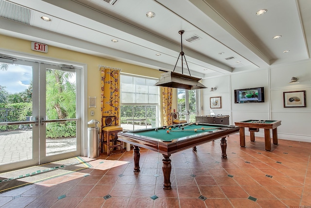 11416 SW Lake Park Dr, Port Saint Lucie, FL 34987 - rec room with french doors, healthy amount of natural light, billiards table, beamed ceiling, and recessed lighting