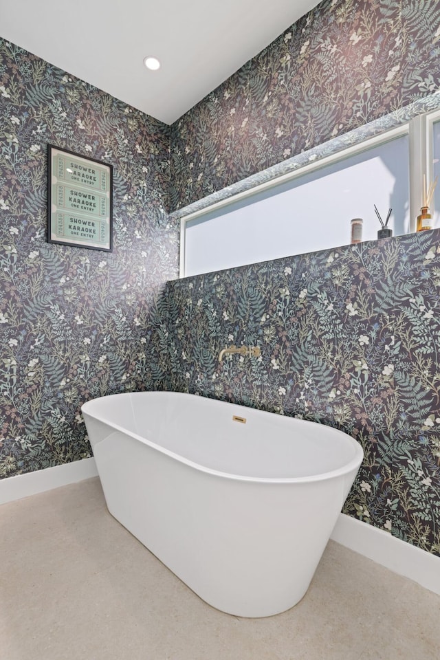 5830 SW 51st Ter, Miami, FL 33155 - bathroom featuring baseboards, healthy amount of natural light, wallpapered walls, a soaking tub, and recessed lighting