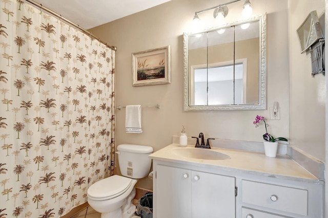 full bathroom with toilet, vanity, and a shower with shower curtain