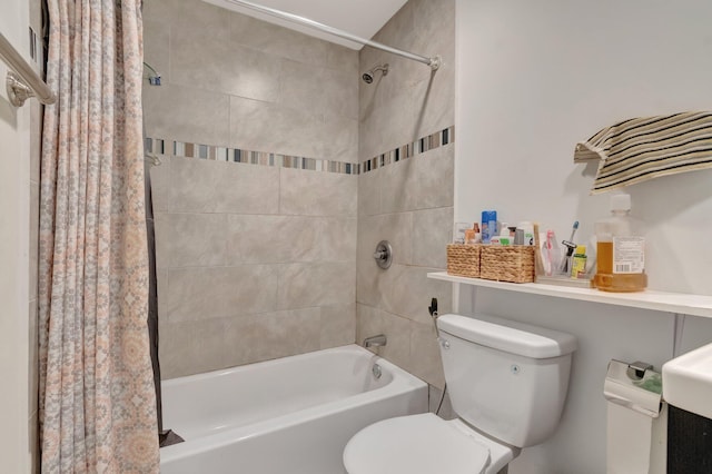full bathroom featuring toilet and shower / bathtub combination with curtain