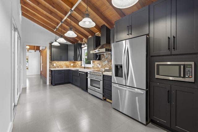 kitchen with appliances with stainless steel finishes, wall chimney range hood, wood ceiling, a sink, and tasteful backsplash