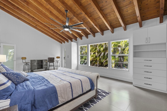 bedroom featuring wooden ceiling, beamed ceiling, and high vaulted ceiling