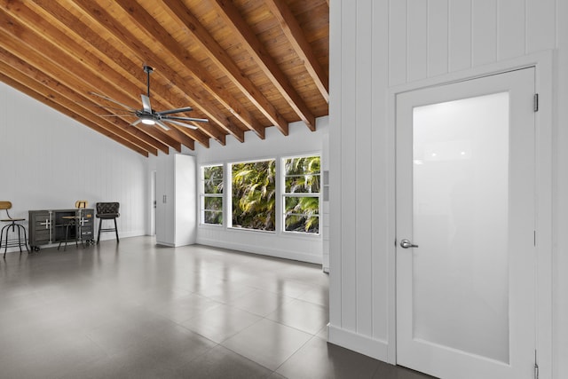 empty room featuring wooden ceiling and a ceiling fan