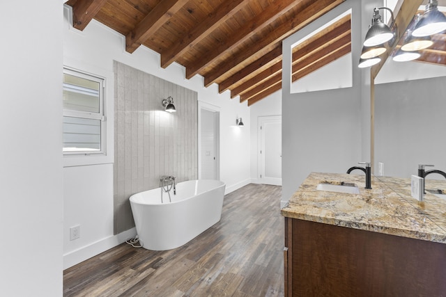 bathroom featuring a freestanding bath, wooden ceiling, vanity, wood finished floors, and baseboards