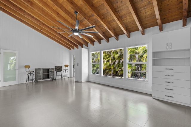 living room with wooden ceiling, beamed ceiling, a ceiling fan, and high vaulted ceiling