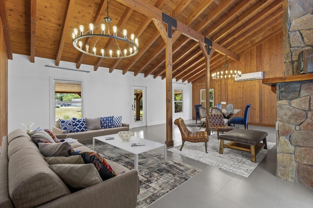 living room with a chandelier, beam ceiling, wooden ceiling, high vaulted ceiling, and wood walls