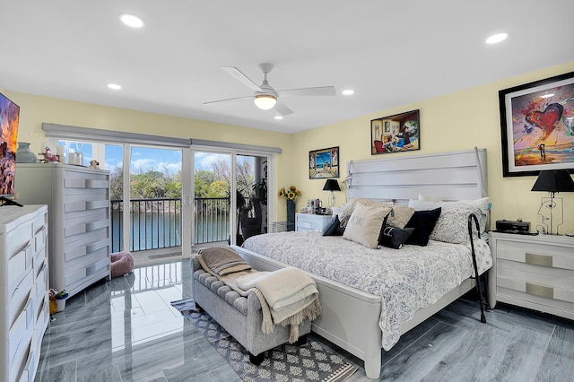 1537 E Hillsboro Blvd Unit 341, Deerfield Beach, FL 33441 - bedroom featuring access to exterior, recessed lighting, a water view, and a ceiling fan