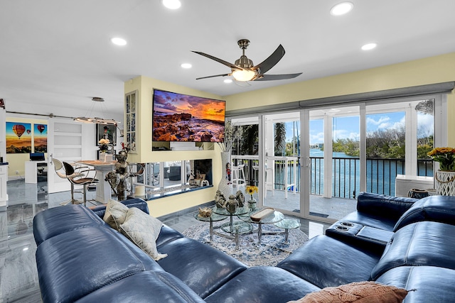 1537 E Hillsboro Blvd Unit 341, Deerfield Beach, FL 33441 - living area with ceiling fan, recessed lighting, and marble tiled flooring