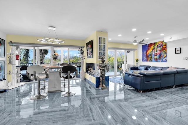 1537 E Hillsboro Blvd Unit 341, Deerfield Beach, FL 33441 - living area featuring recessed lighting, french doors, ceiling fan, and a chandelier