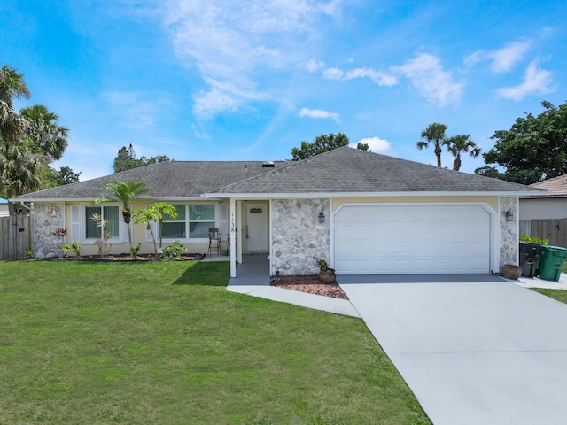 1138 SW Gardena Ave, Port Saint Lucie, FL 34953 - ranch-style house featuring stone siding, an attached garage, driveway, and roof with shingles