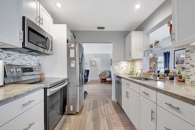 2115 SW 22nd St, Boynton Beach, FL 33426 - kitchen featuring appliances with stainless steel finishes, a sink, light wood-type flooring, backsplash, and white cabinetry