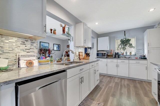 2115 SW 22nd St, Boynton Beach, FL 33426 - kitchen with stainless steel appliances, a sink, backsplash, light stone counters, and white cabinets