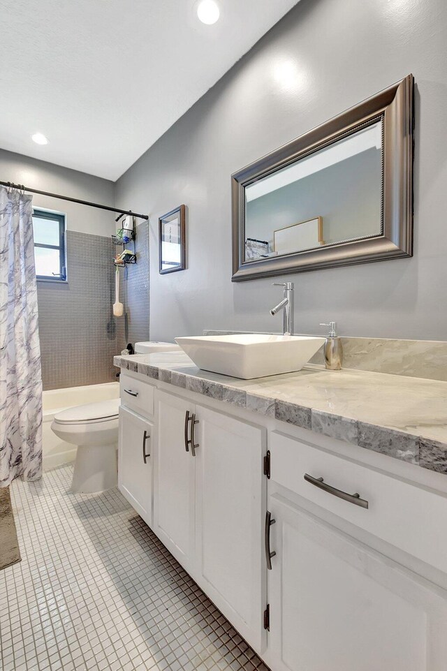 2115 SW 22nd St, Boynton Beach, FL 33426 - bathroom featuring toilet, vanity, recessed lighting, tile patterned flooring, and shower / tub combo with curtain