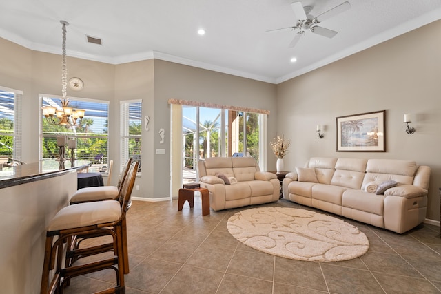 1629 SE Tradition Trce, Stuart, FL 34997 - tiled living area featuring a chandelier, crown molding, baseboards, recessed lighting, and a ceiling fan