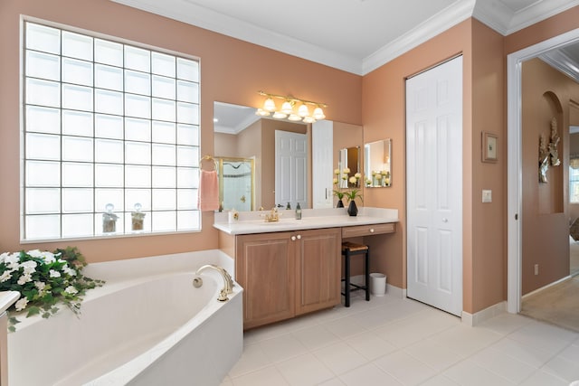 1629 SE Tradition Trce, Stuart, FL 34997 - bathroom featuring a bath, a stall shower, crown molding, vanity, and tile patterned flooring