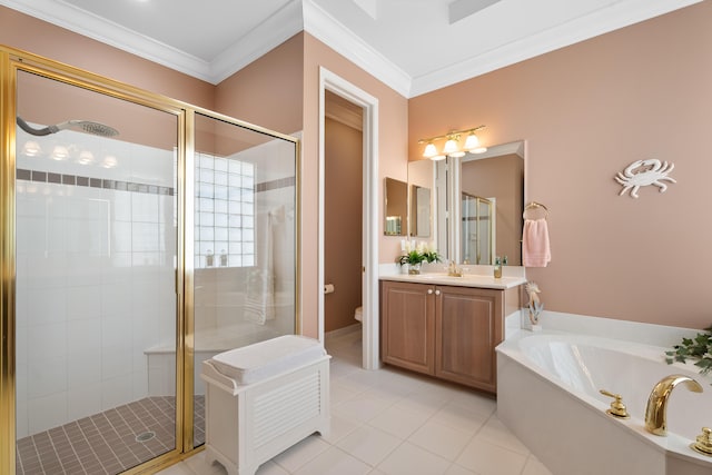 1629 SE Tradition Trce, Stuart, FL 34997 - full bath featuring a stall shower, a garden tub, tile patterned flooring, crown molding, and vanity