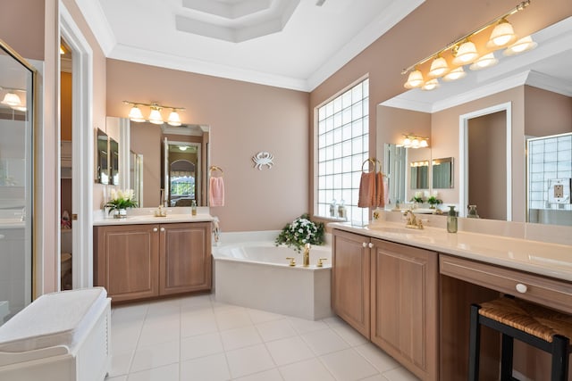1629 SE Tradition Trce, Stuart, FL 34997 - full bathroom featuring ornamental molding, a bath, two vanities, a stall shower, and tile patterned floors