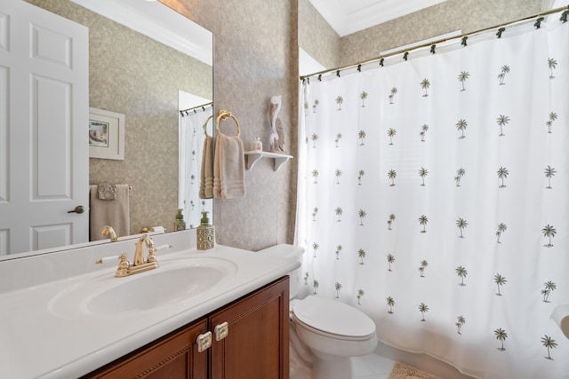 1629 SE Tradition Trce, Stuart, FL 34997 - full bath with toilet, wallpapered walls, vanity, and curtained shower