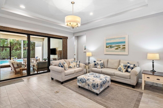 12209 Boca Reserve Ln, Boca Raton, FL 33428 - living room with a raised ceiling, crown molding, and recessed lighting
