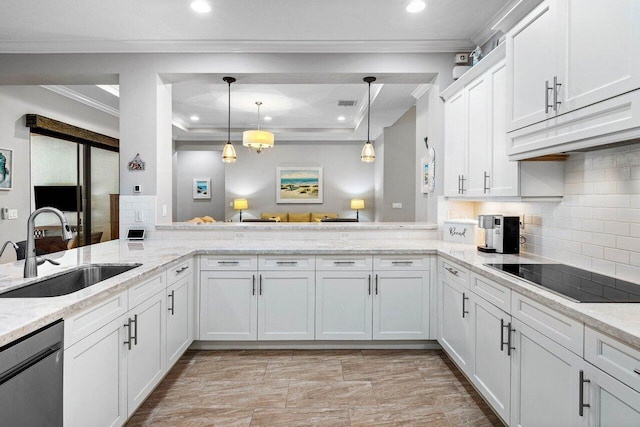 12209 Boca Reserve Ln, Boca Raton, FL 33428 - kitchen with a sink, black electric stovetop, stainless steel dishwasher, a tray ceiling, and crown molding