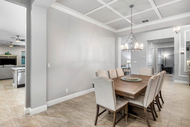 12209 Boca Reserve Ln, Boca Raton, FL 33428 - dining space with coffered ceiling, a chandelier, a ceiling fan, baseboards, and crown molding