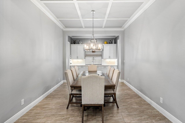 12209 Boca Reserve Ln, Boca Raton, FL 33428 - dining space featuring coffered ceiling, a chandelier, baseboards, and beamed ceiling