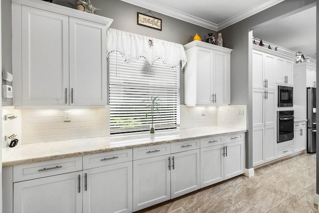 12209 Boca Reserve Ln, Boca Raton, FL 33428 - kitchen with stainless steel oven, white cabinetry, ornamental molding, decorative backsplash, and black microwave