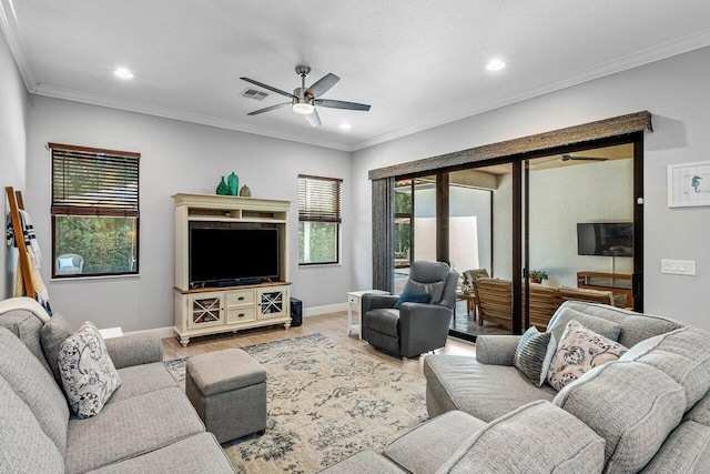 12209 Boca Reserve Ln, Boca Raton, FL 33428 - living room featuring baseboards, a ceiling fan, recessed lighting, crown molding, and wood finished floors