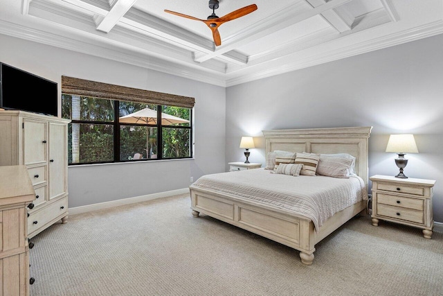 12209 Boca Reserve Ln, Boca Raton, FL 33428 - bedroom with coffered ceiling, light carpet, crown molding, beam ceiling, and baseboards