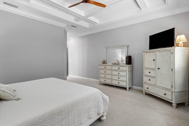 12209 Boca Reserve Ln, Boca Raton, FL 33428 - bedroom with coffered ceiling, ornamental molding, light colored carpet, beam ceiling, and baseboards