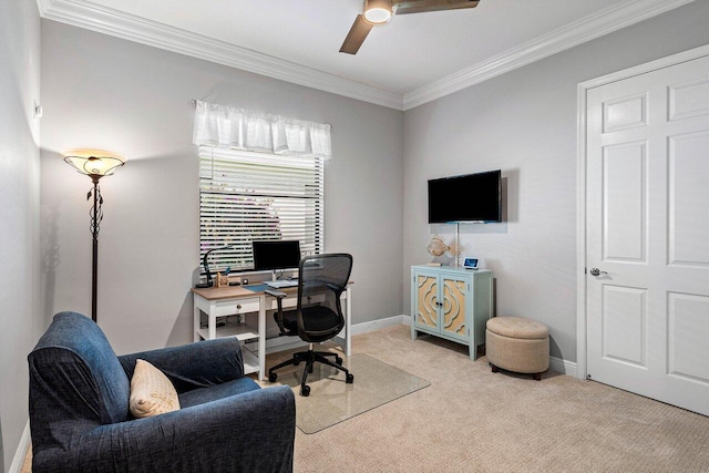 12209 Boca Reserve Ln, Boca Raton, FL 33428 - carpeted office with crown molding, a ceiling fan, and baseboards