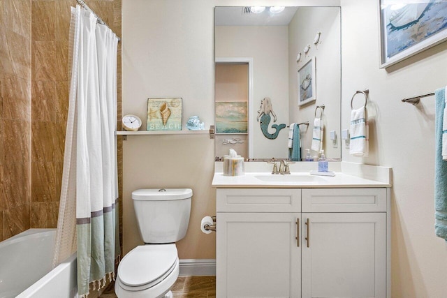 12209 Boca Reserve Ln, Boca Raton, FL 33428 - bathroom with toilet, vanity, shower / bathtub combination with curtain, and baseboards