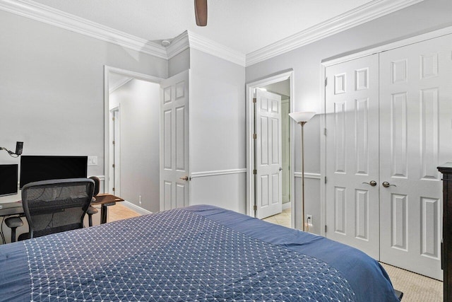 12209 Boca Reserve Ln, Boca Raton, FL 33428 - bedroom with ornamental molding, a closet, ceiling fan, and baseboards