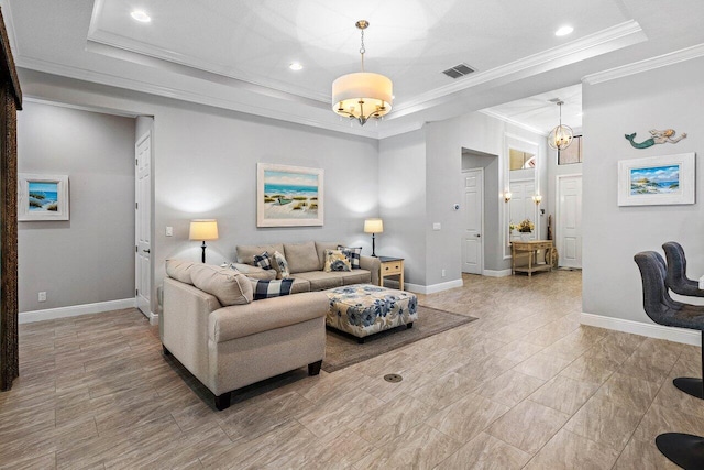 12209 Boca Reserve Ln, Boca Raton, FL 33428 - living room with a raised ceiling, crown molding, baseboards, a chandelier, and recessed lighting