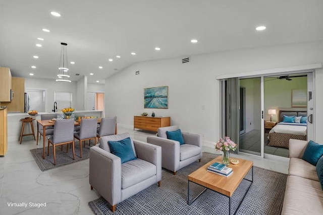 8269 Springtree Rd, Boca Raton, FL 33496 - living room featuring recessed lighting, vaulted ceiling, and a ceiling fan