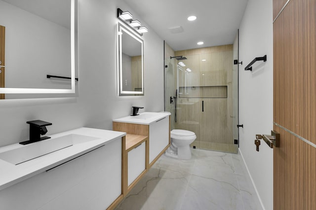8269 Springtree Rd, Boca Raton, FL 33496 - bathroom with marble look tile flooring, a stall shower, toilet, baseboards, and two vanities