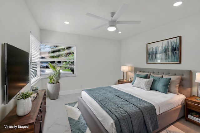8269 Springtree Rd, Boca Raton, FL 33496 - bedroom with recessed lighting, marble look tile flooring, a ceiling fan, and baseboards