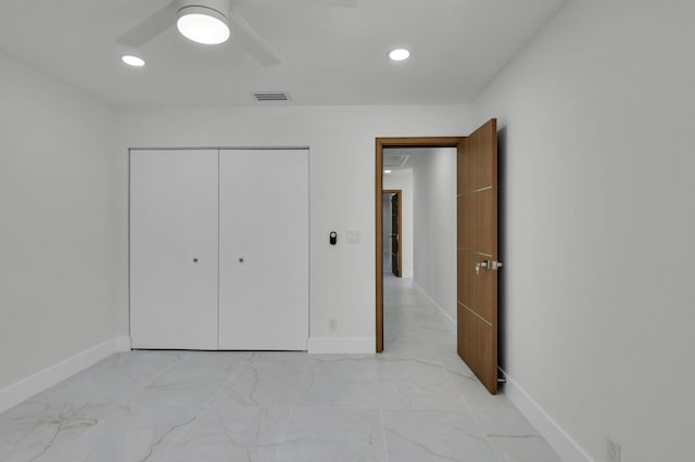 8269 Springtree Rd, Boca Raton, FL 33496 - unfurnished bedroom with recessed lighting, baseboards, a closet, and a ceiling fan