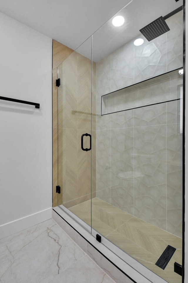 8269 Springtree Rd, Boca Raton, FL 33496 - full bath with a stall shower, baseboards, marble finish flooring, and recessed lighting