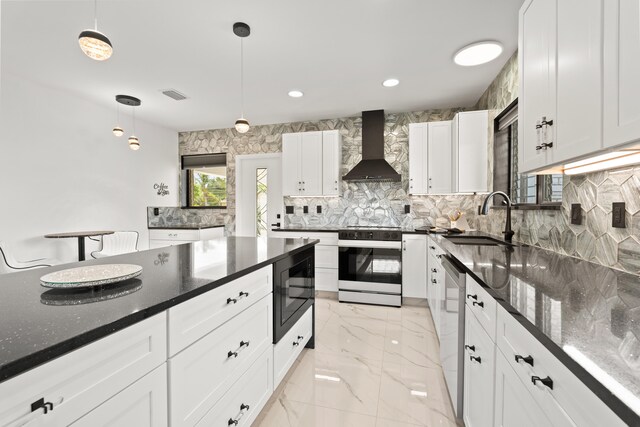 1428 N M St, Lake Worth Beach, FL 33460 - kitchen featuring wall chimney exhaust hood, a sink, black microwave, range with electric stovetop, and backsplash