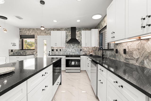1428 N M St, Lake Worth Beach, FL 33460 - kitchen featuring wall chimney exhaust hood, range with electric stovetop, a sink, stainless steel dishwasher, and tasteful backsplash