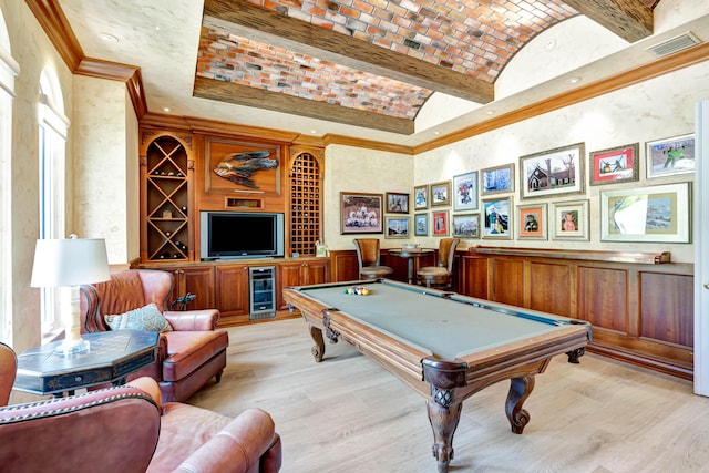 506 Corsair Dr, North Palm Beach, FL 33408 - playroom with brick ceiling, lofted ceiling, light wood-type flooring, and billiards
