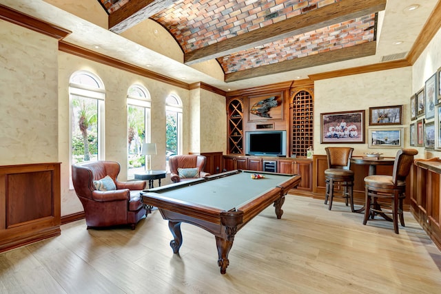 506 Corsair Dr, North Palm Beach, FL 33408 - recreation room featuring brick ceiling, billiards, high vaulted ceiling, and light wood finished floors